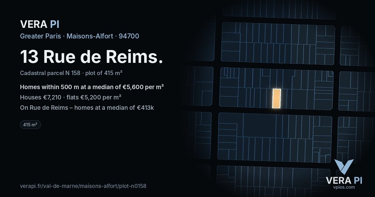 13 Rue de Reims, Maisons-Alfort at night – the plot lit, the parcels around coloured by the prices near them