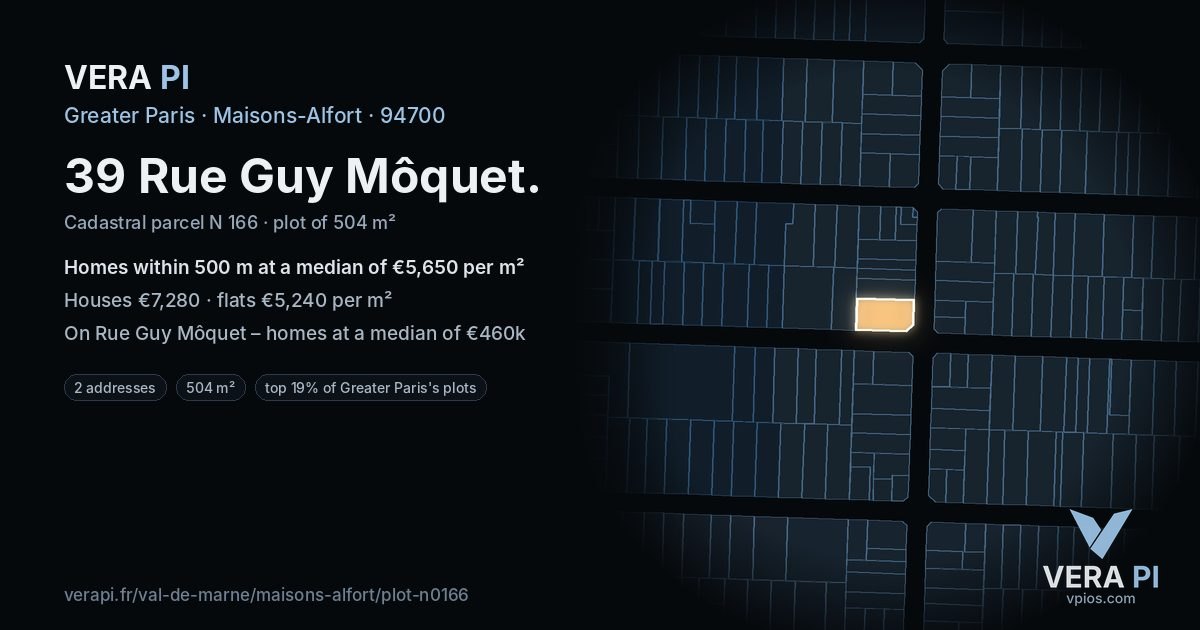 39 Rue Guy Môquet, Maisons-Alfort at night – the plot lit, the parcels around coloured by the prices near them