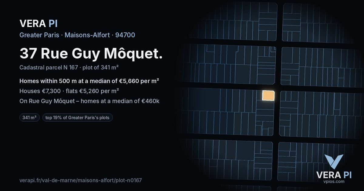 37 Rue Guy Môquet, Maisons-Alfort at night – the plot lit, the parcels around coloured by the prices near them