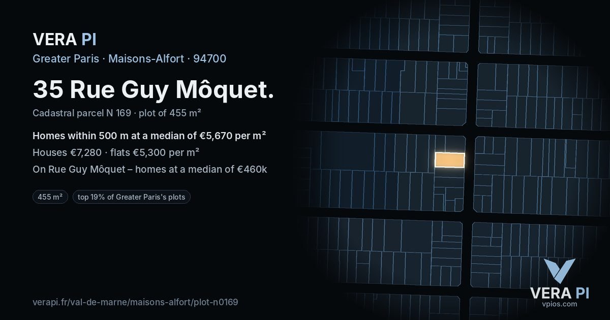 35 Rue Guy Môquet, Maisons-Alfort at night – the plot lit, the parcels around coloured by the prices near them