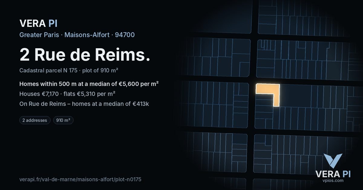 2 Rue de Reims, Maisons-Alfort at night – the plot lit, the parcels around coloured by the prices near them