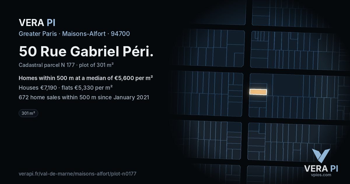 50 Rue Gabriel Péri, Maisons-Alfort at night – the plot lit, the parcels around coloured by the prices near them