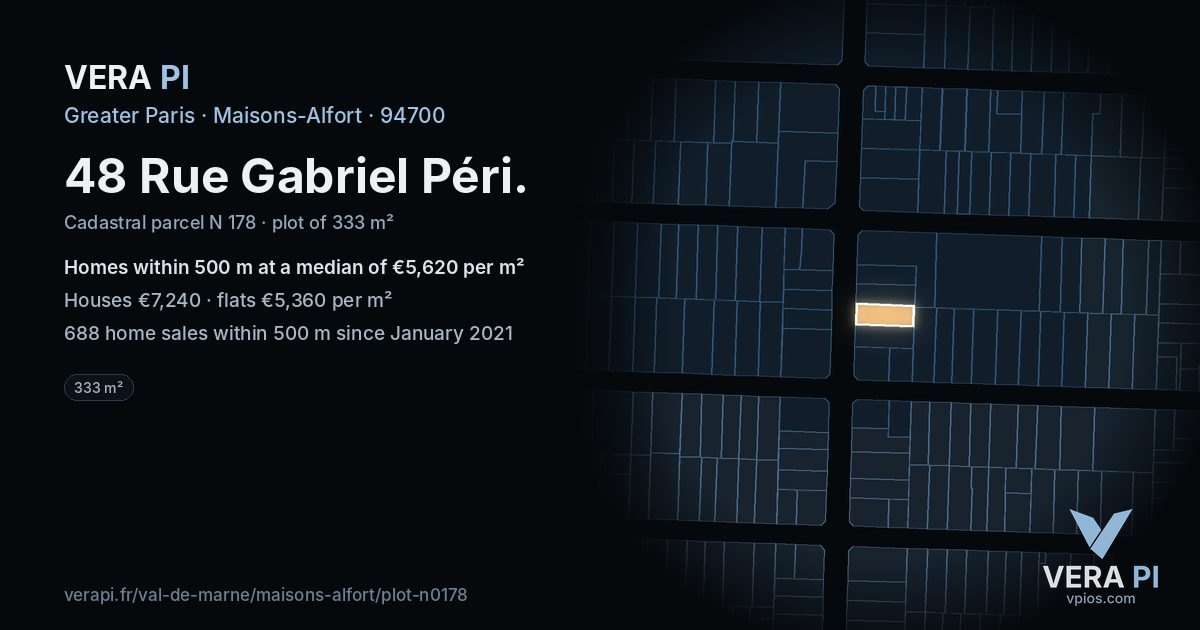 48 Rue Gabriel Péri, Maisons-Alfort at night – the plot lit, the parcels around coloured by the prices near them