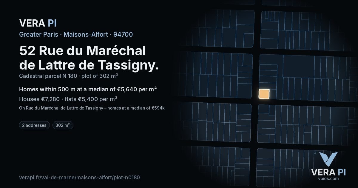 52 Rue du Maréchal de Lattre de Tassigny, Maisons-Alfort at night – the plot lit, the parcels around coloured by the prices near them