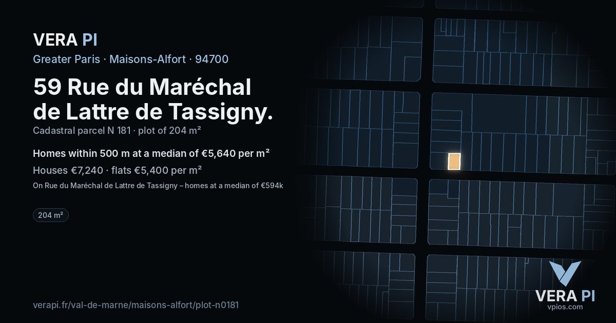 59 Rue du Maréchal de Lattre de Tassigny, Maisons-Alfort at night – the plot lit, the parcels around coloured by the prices near them