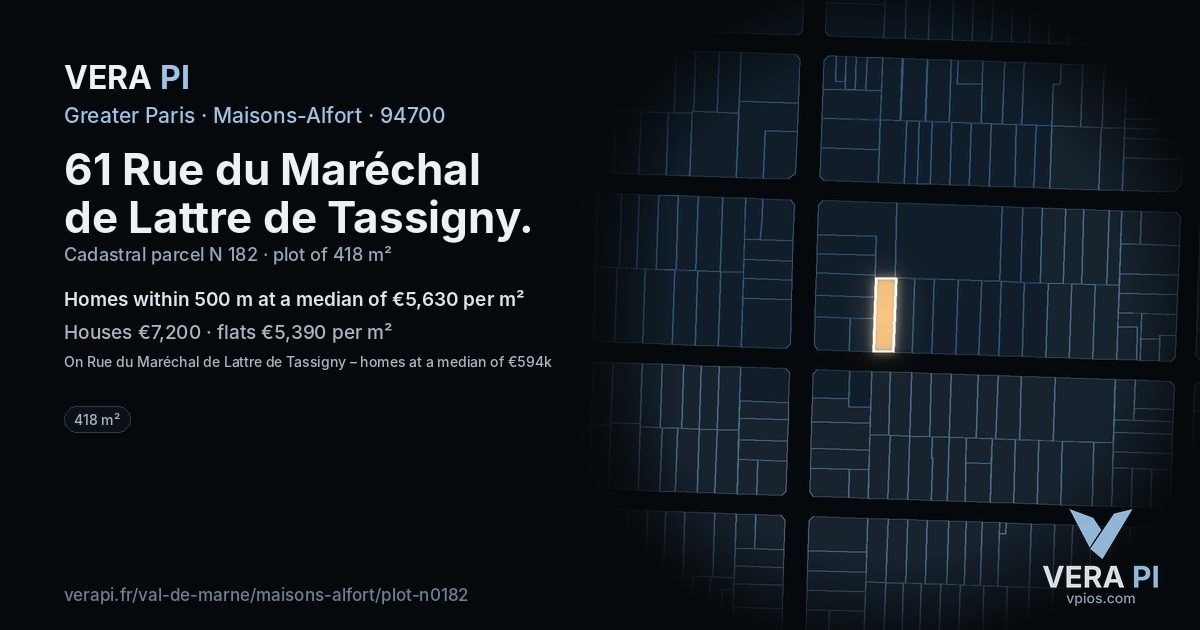 61 Rue du Maréchal de Lattre de Tassigny, Maisons-Alfort at night – the plot lit, the parcels around coloured by the prices near them