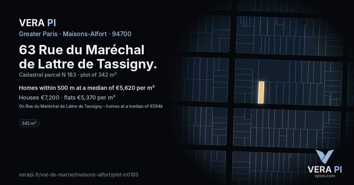 63 Rue du Maréchal de Lattre de Tassigny, Maisons-Alfort at night – the plot lit, the parcels around coloured by the prices near them