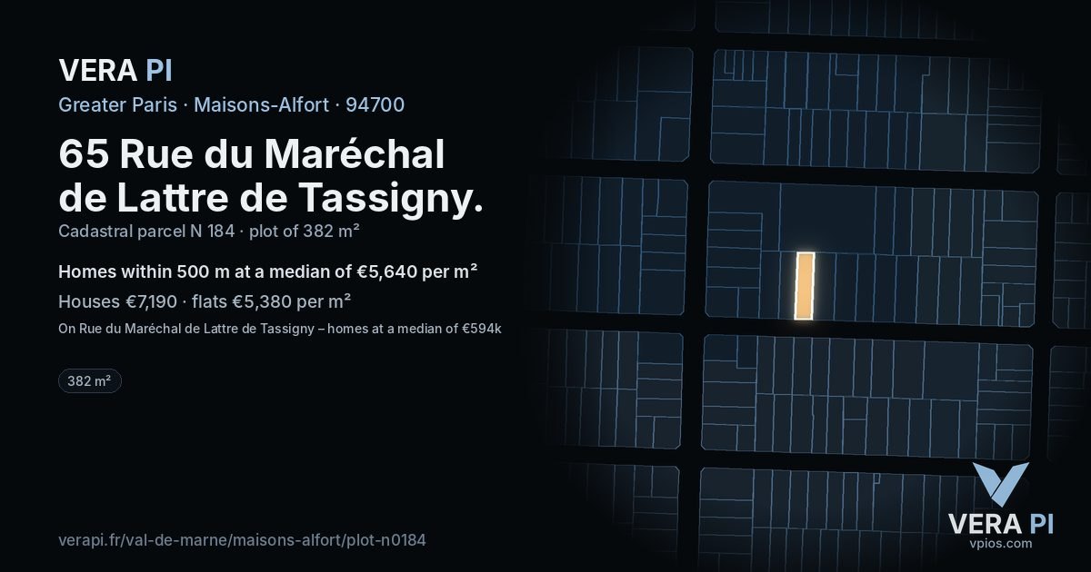 65 Rue du Maréchal de Lattre de Tassigny, Maisons-Alfort at night – the plot lit, the parcels around coloured by the prices near them