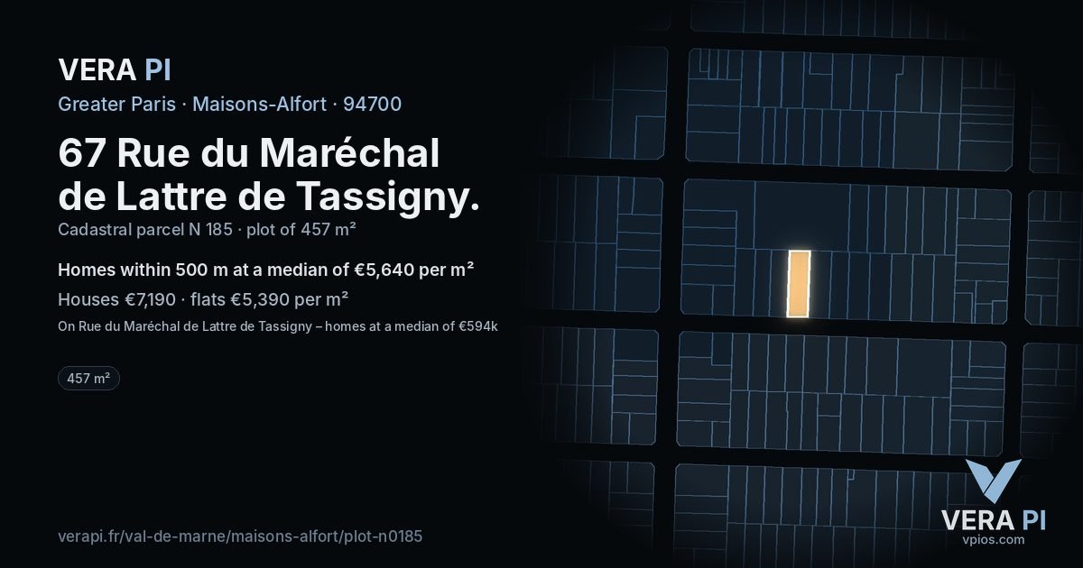 67 Rue du Maréchal de Lattre de Tassigny, Maisons-Alfort at night – the plot lit, the parcels around coloured by the prices near them
