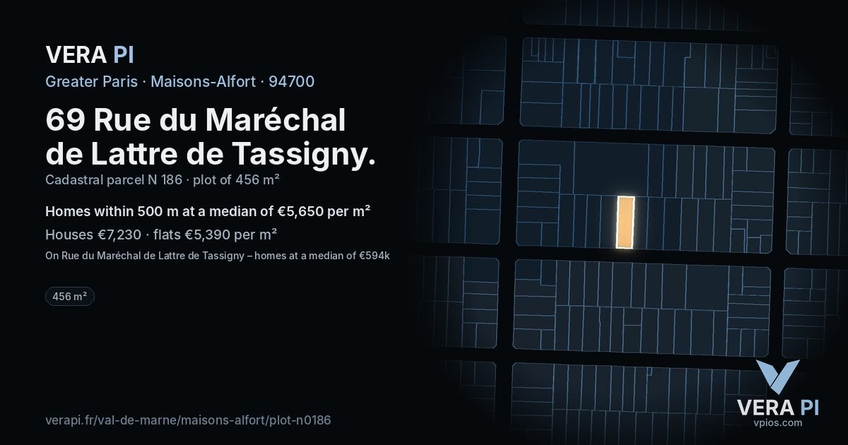 69 Rue du Maréchal de Lattre de Tassigny, Maisons-Alfort at night – the plot lit, the parcels around coloured by the prices near them