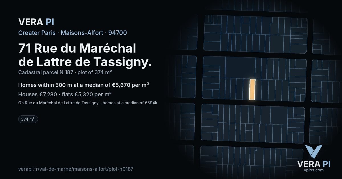 71 Rue du Maréchal de Lattre de Tassigny, Maisons-Alfort at night – the plot lit, the parcels around coloured by the prices near them