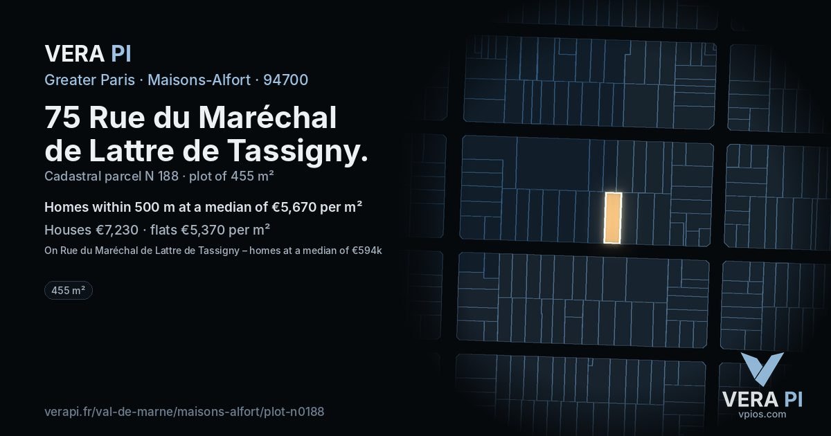75 Rue du Maréchal de Lattre de Tassigny, Maisons-Alfort at night – the plot lit, the parcels around coloured by the prices near them