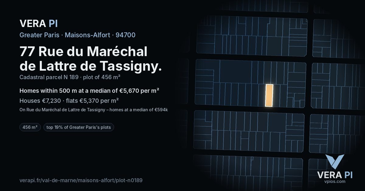 77 Rue du Maréchal de Lattre de Tassigny, Maisons-Alfort at night – the plot lit, the parcels around coloured by the prices near them