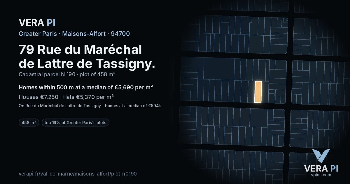 79 Rue du Maréchal de Lattre de Tassigny, Maisons-Alfort at night – the plot lit, the parcels around coloured by the prices near them