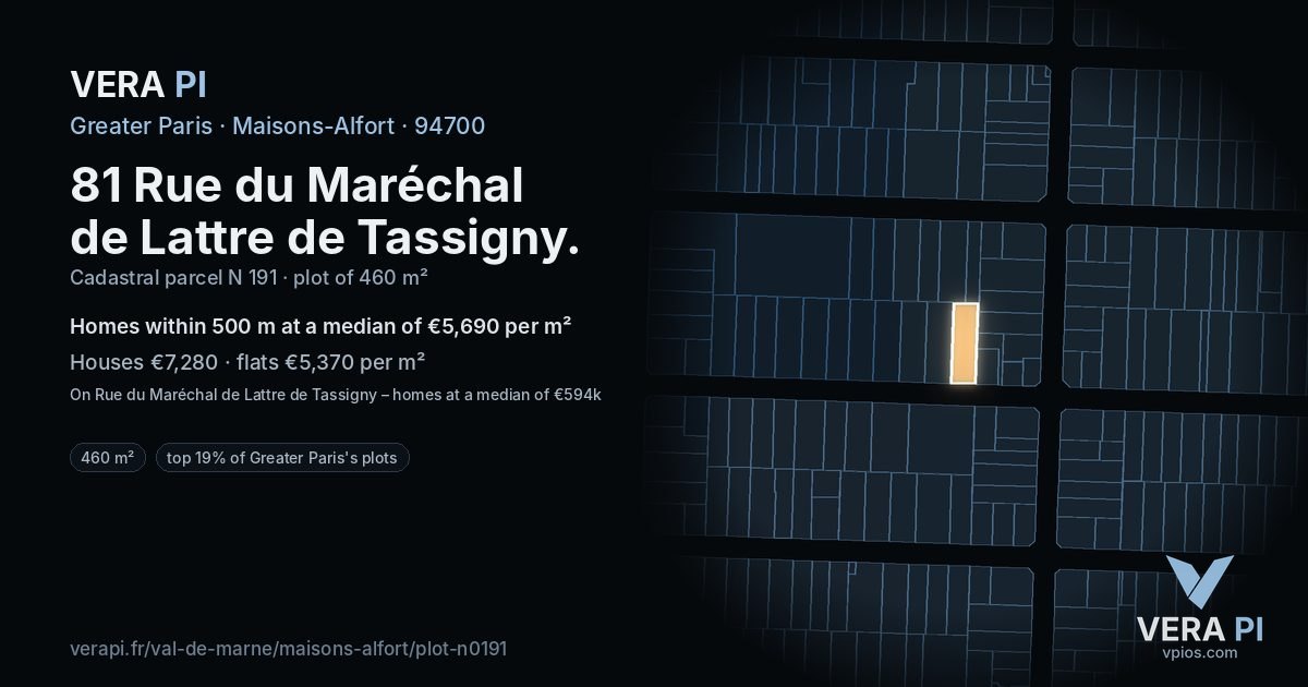 81 Rue du Maréchal de Lattre de Tassigny, Maisons-Alfort at night – the plot lit, the parcels around coloured by the prices near them