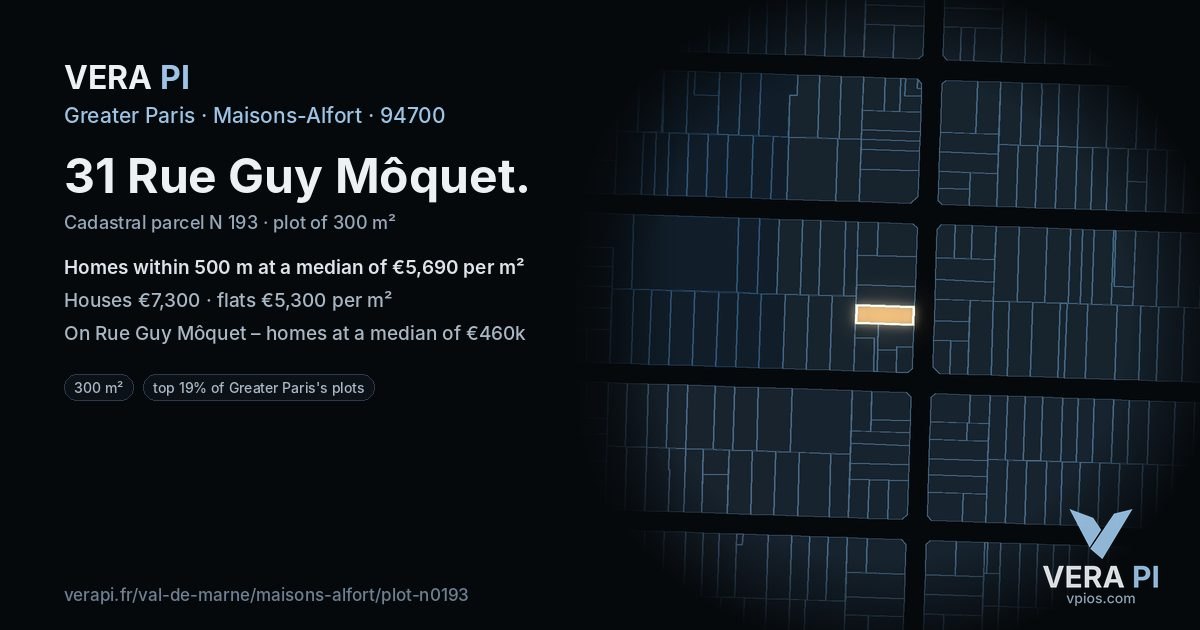 31 Rue Guy Môquet, Maisons-Alfort at night – the plot lit, the parcels around coloured by the prices near them