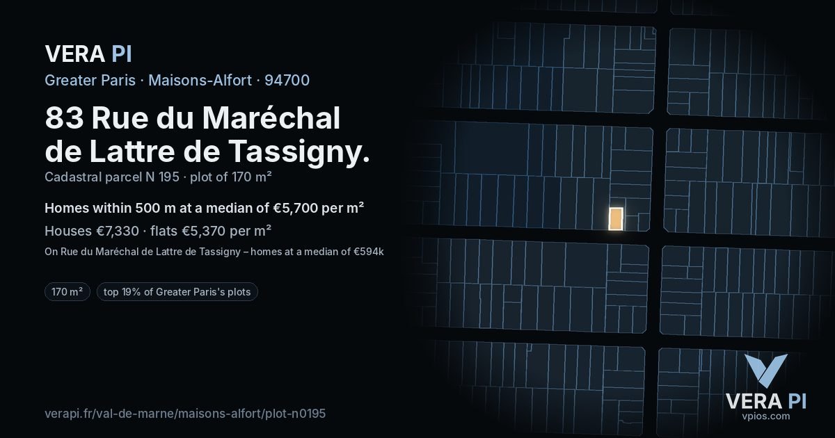 83 Rue du Maréchal de Lattre de Tassigny, Maisons-Alfort at night – the plot lit, the parcels around coloured by the prices near them