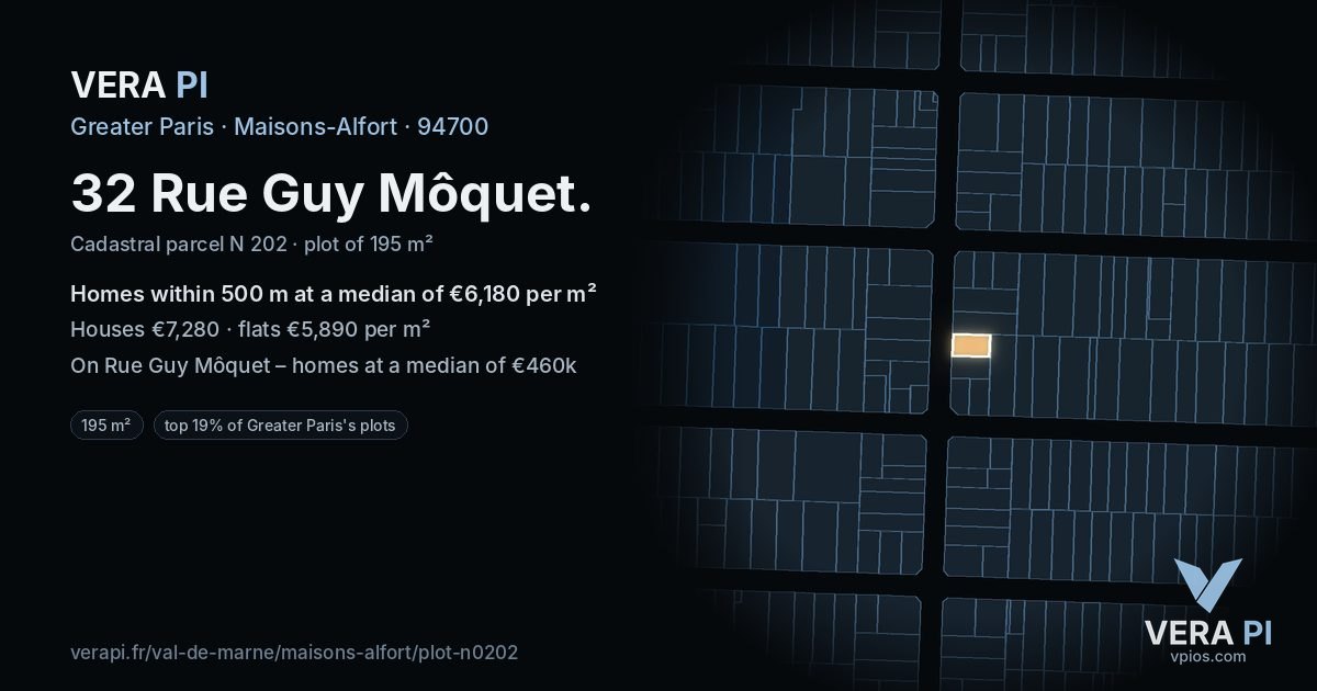 32 Rue Guy Môquet, Maisons-Alfort at night – the plot lit, the parcels around coloured by the prices near them