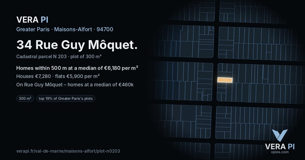 34 Rue Guy Môquet, Maisons-Alfort at night – the plot lit, the parcels around coloured by the prices near them