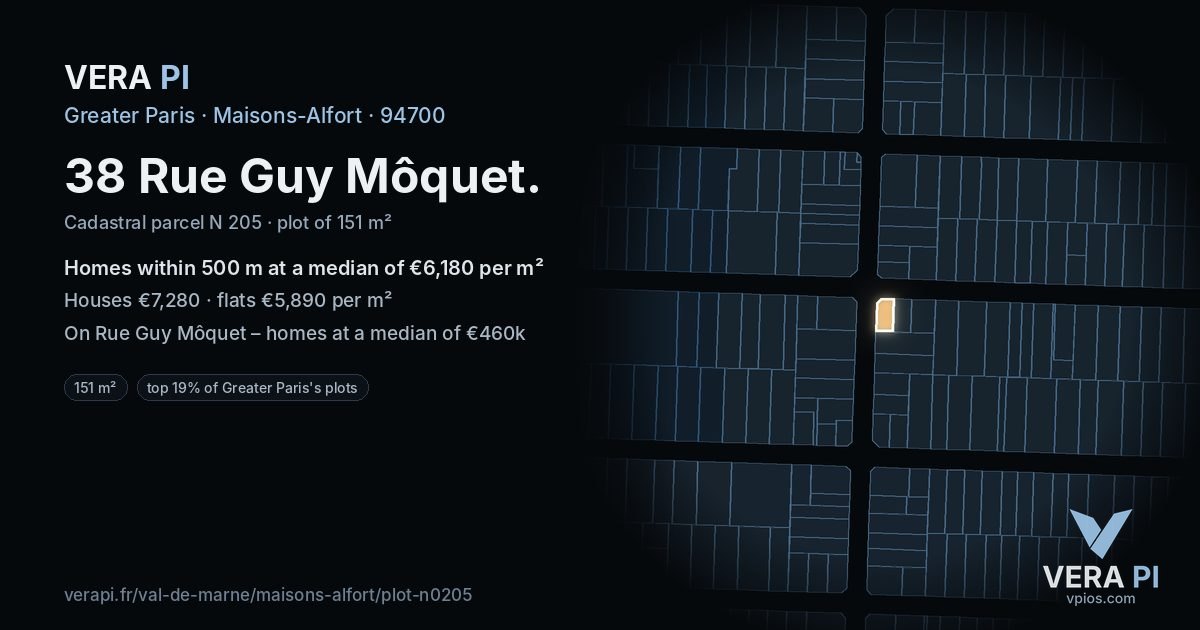 38 Rue Guy Môquet, Maisons-Alfort at night – the plot lit, the parcels around coloured by the prices near them