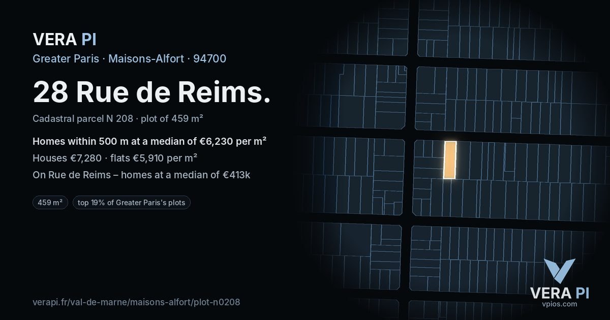 28 Rue de Reims, Maisons-Alfort at night – the plot lit, the parcels around coloured by the prices near them