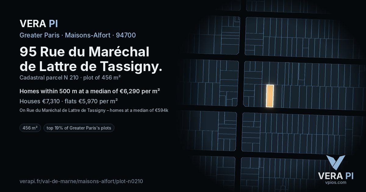 95 Rue du Maréchal de Lattre de Tassigny, Maisons-Alfort at night – the plot lit, the parcels around coloured by the prices near them