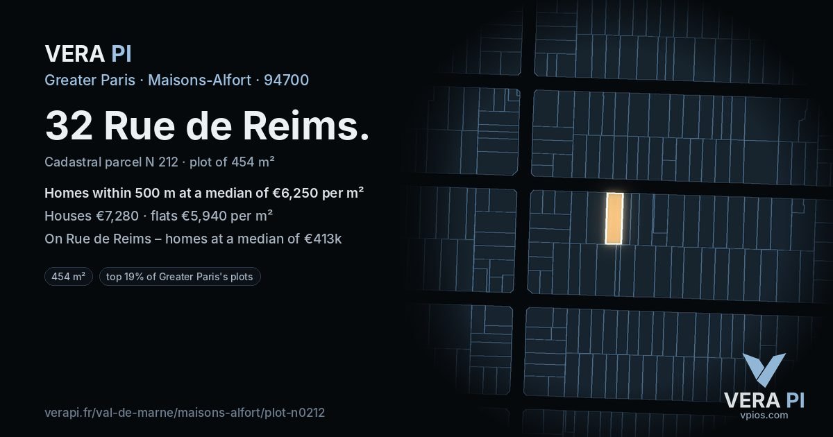 32 Rue de Reims, Maisons-Alfort at night – the plot lit, the parcels around coloured by the prices near them