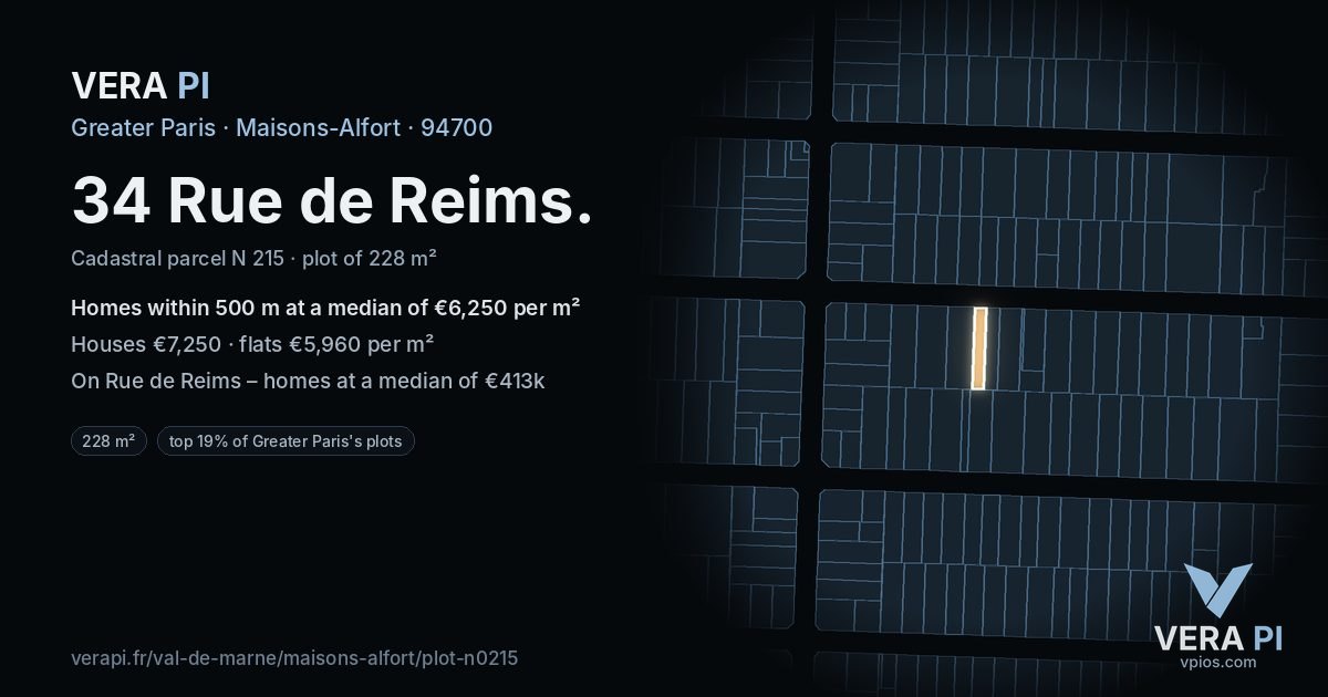 34 Rue de Reims, Maisons-Alfort at night – the plot lit, the parcels around coloured by the prices near them