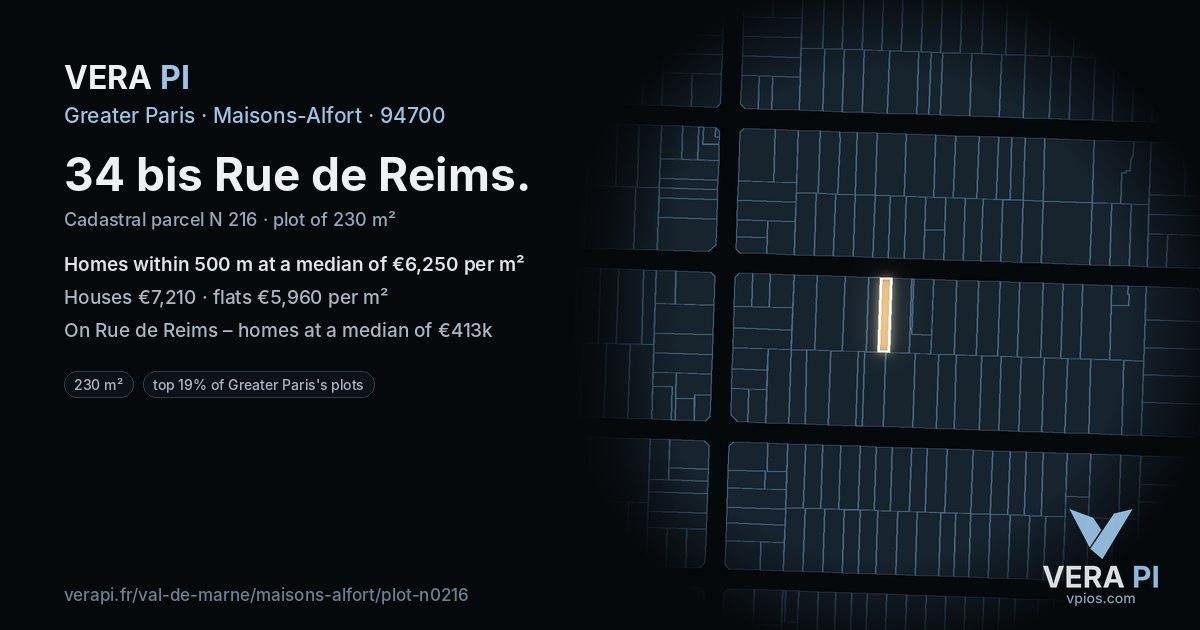 34 bis Rue de Reims, Maisons-Alfort at night – the plot lit, the parcels around coloured by the prices near them