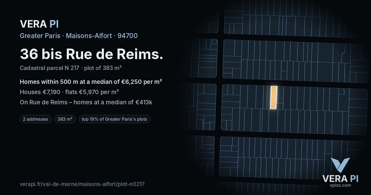36 bis Rue de Reims, Maisons-Alfort at night – the plot lit, the parcels around coloured by the prices near them