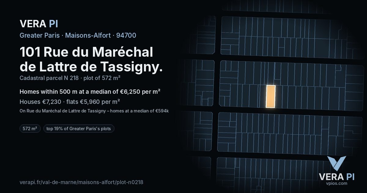 101 Rue du Maréchal de Lattre de Tassigny, Maisons-Alfort at night – the plot lit, the parcels around coloured by the prices near them