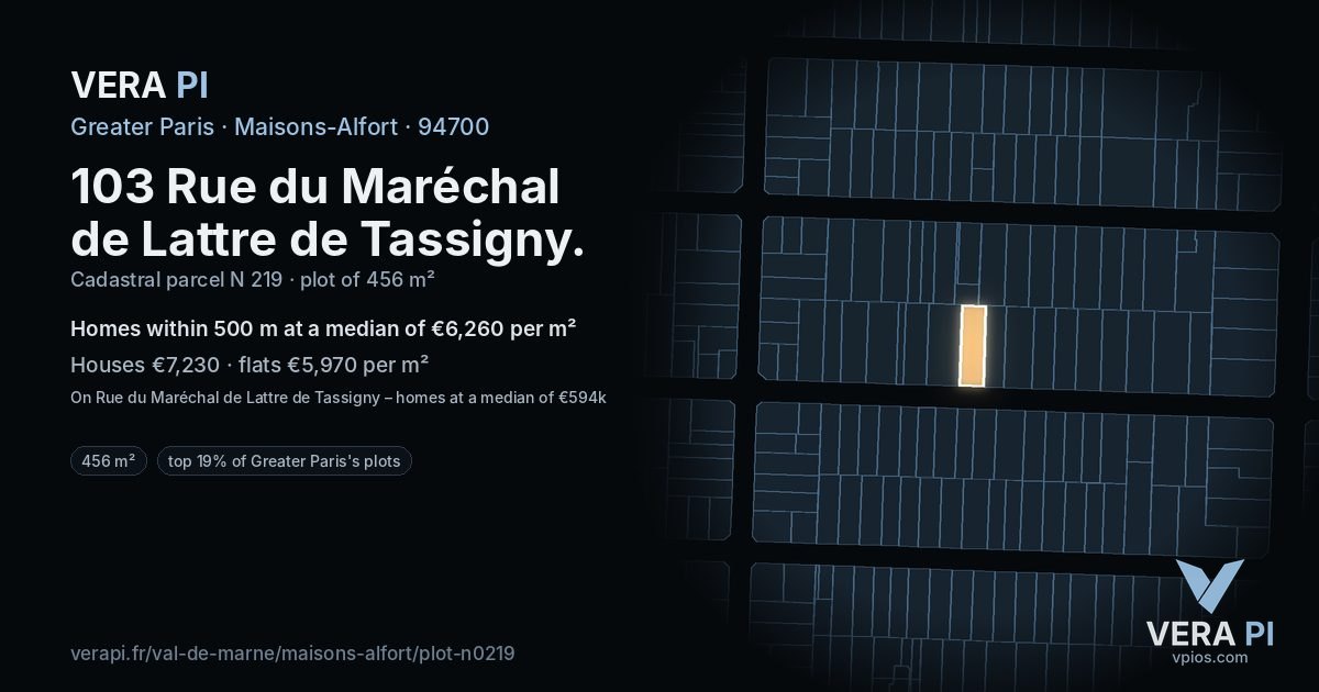 103 Rue du Maréchal de Lattre de Tassigny, Maisons-Alfort at night – the plot lit, the parcels around coloured by the prices near them