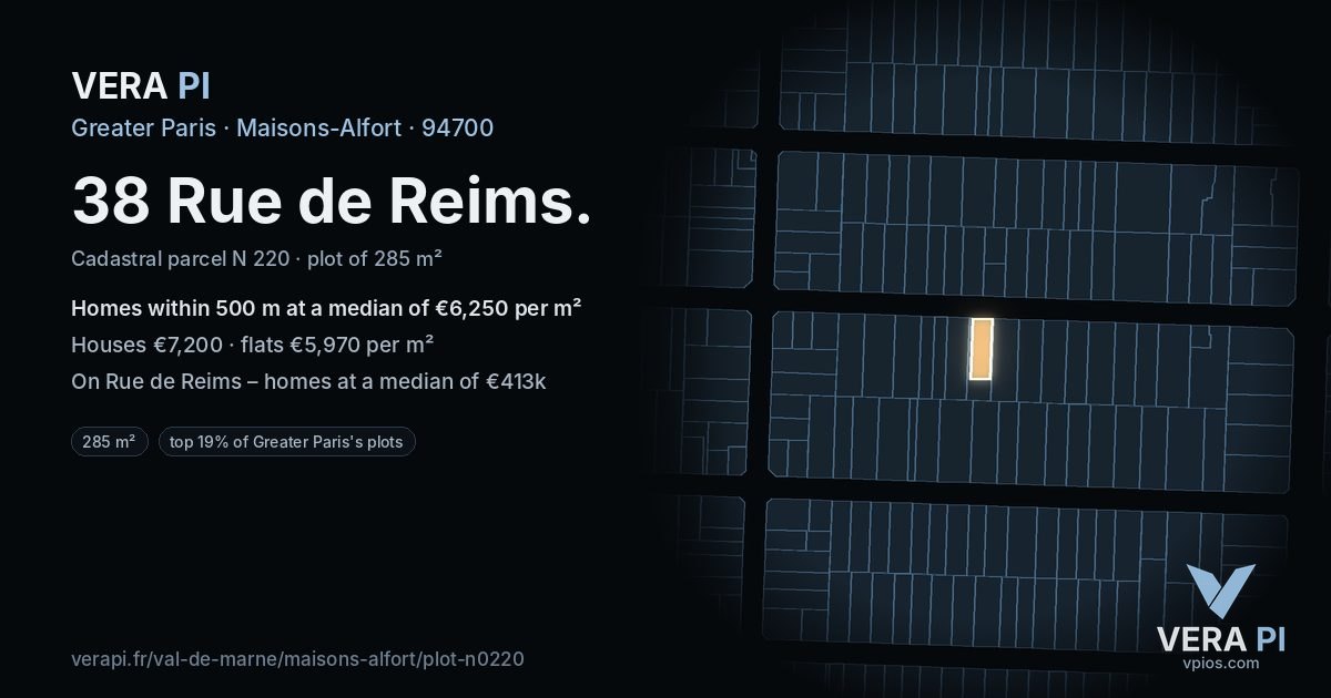 38 Rue de Reims, Maisons-Alfort at night – the plot lit, the parcels around coloured by the prices near them