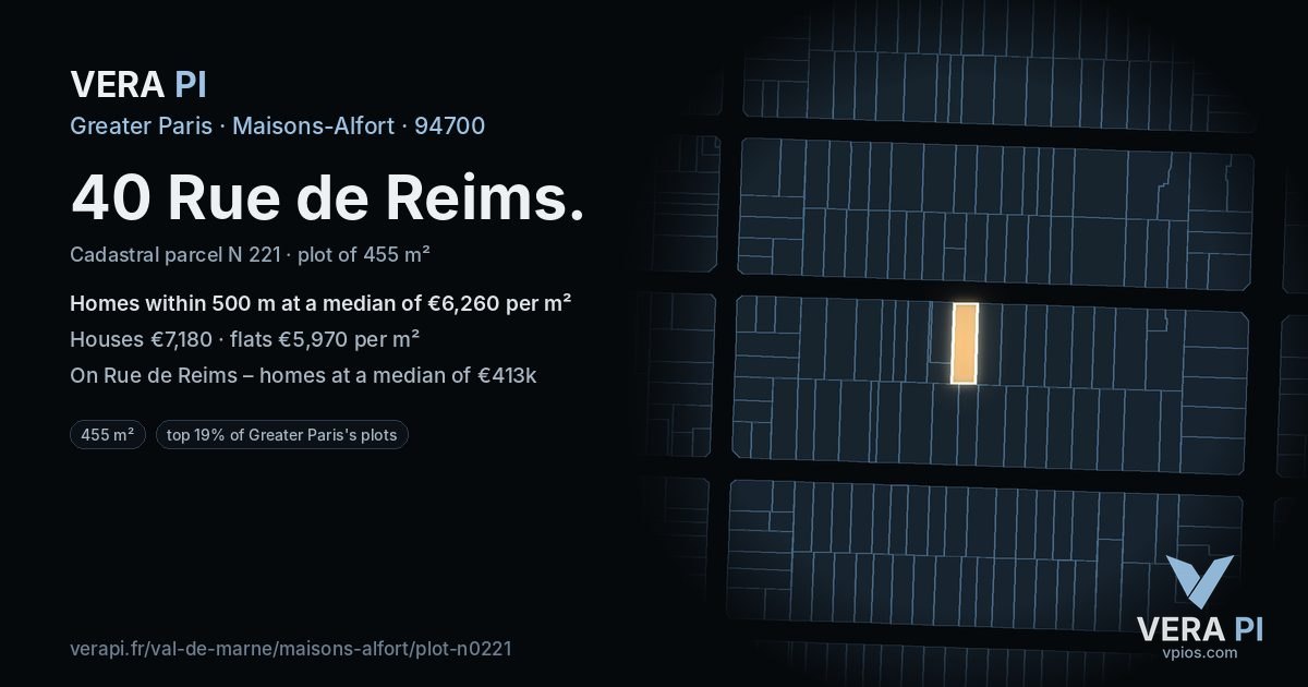 40 Rue de Reims, Maisons-Alfort at night – the plot lit, the parcels around coloured by the prices near them