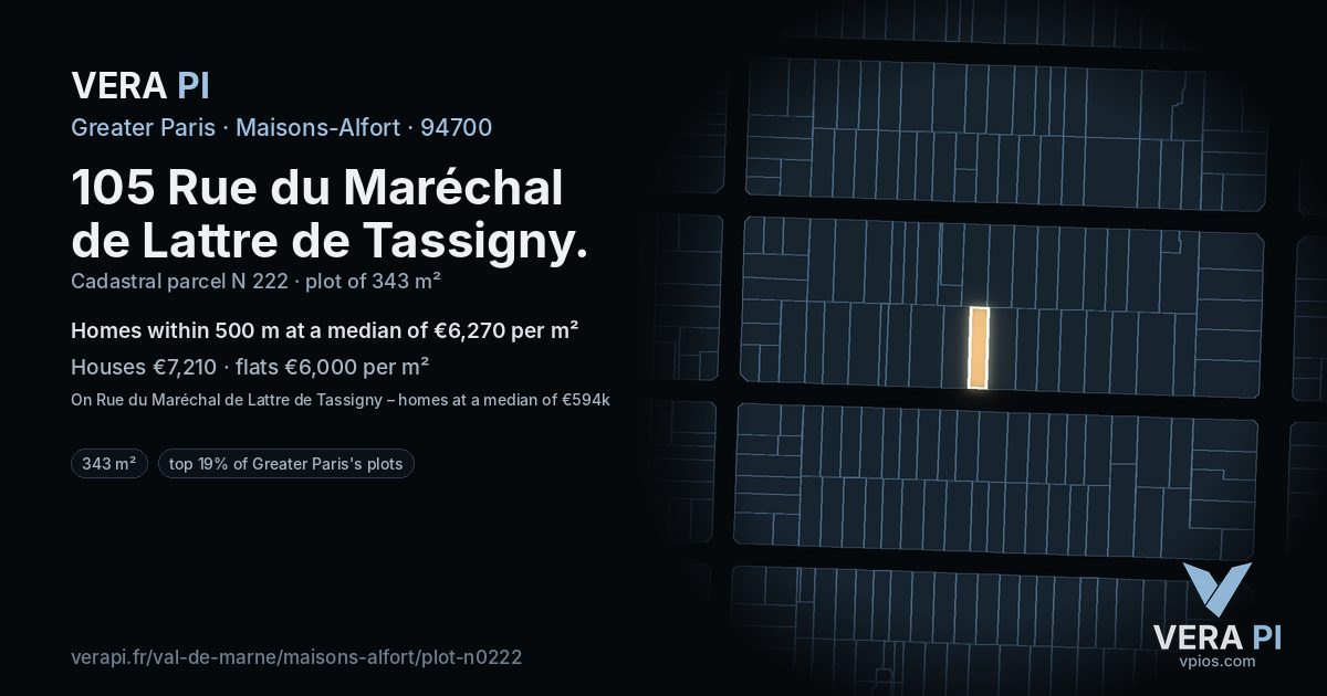 105 Rue du Maréchal de Lattre de Tassigny, Maisons-Alfort at night – the plot lit, the parcels around coloured by the prices near them
