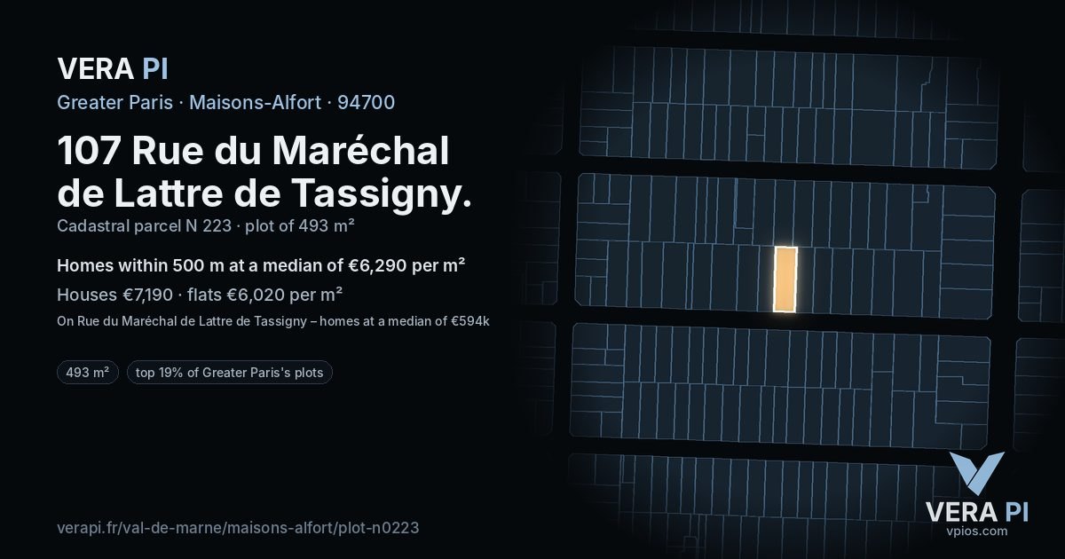 107 Rue du Maréchal de Lattre de Tassigny, Maisons-Alfort at night – the plot lit, the parcels around coloured by the prices near them