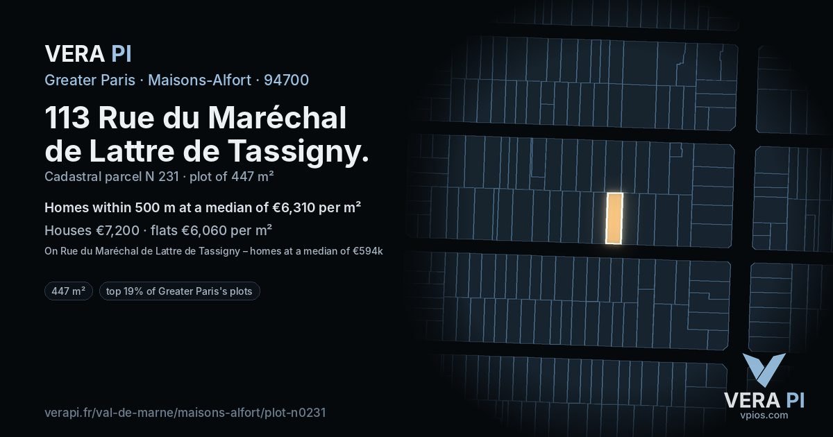 113 Rue du Maréchal de Lattre de Tassigny, Maisons-Alfort at night – the plot lit, the parcels around coloured by the prices near them