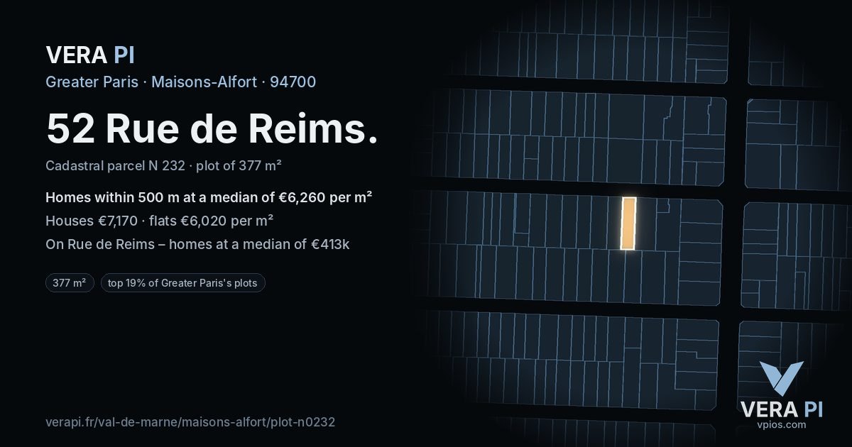 52 Rue de Reims, Maisons-Alfort at night – the plot lit, the parcels around coloured by the prices near them