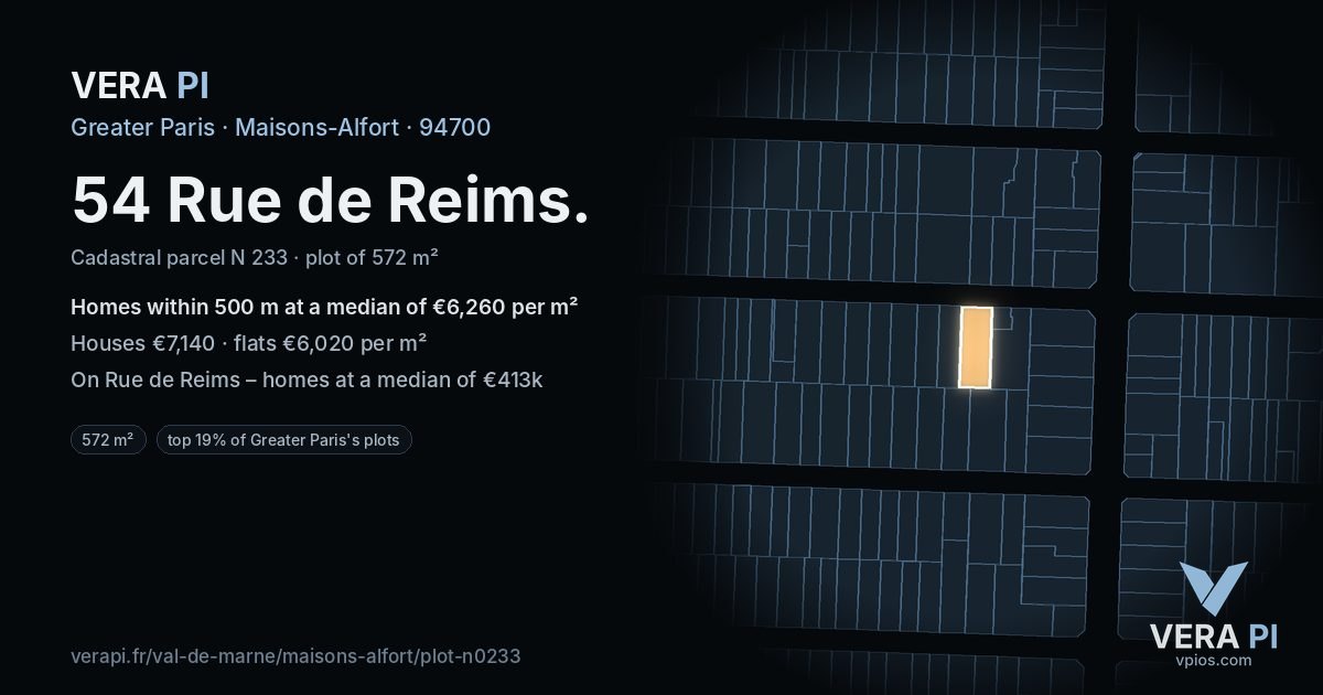 54 Rue de Reims, Maisons-Alfort at night – the plot lit, the parcels around coloured by the prices near them