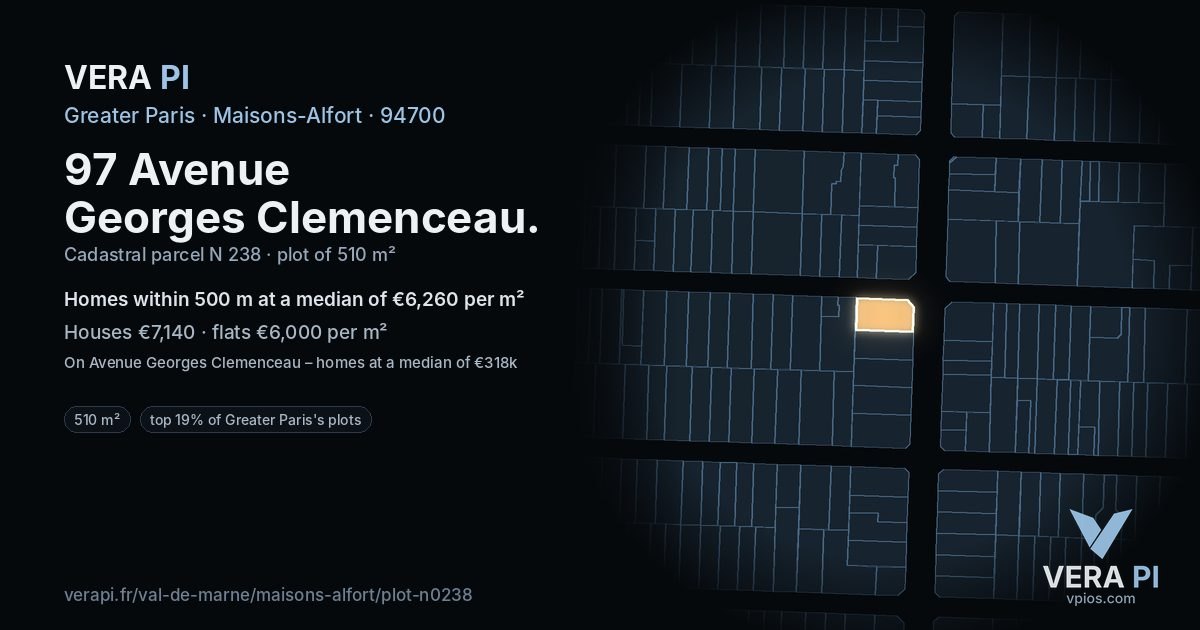 97 Avenue Georges Clemenceau, Maisons-Alfort at night – the plot lit, the parcels around coloured by the prices near them
