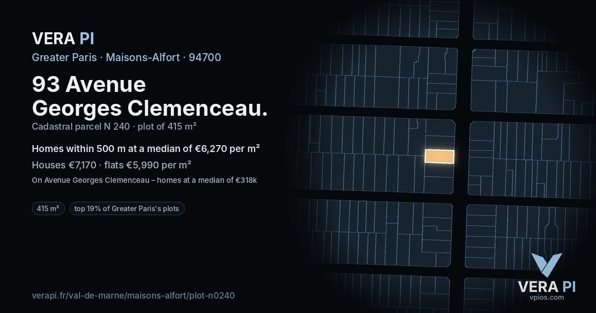 93 Avenue Georges Clemenceau, Maisons-Alfort at night – the plot lit, the parcels around coloured by the prices near them