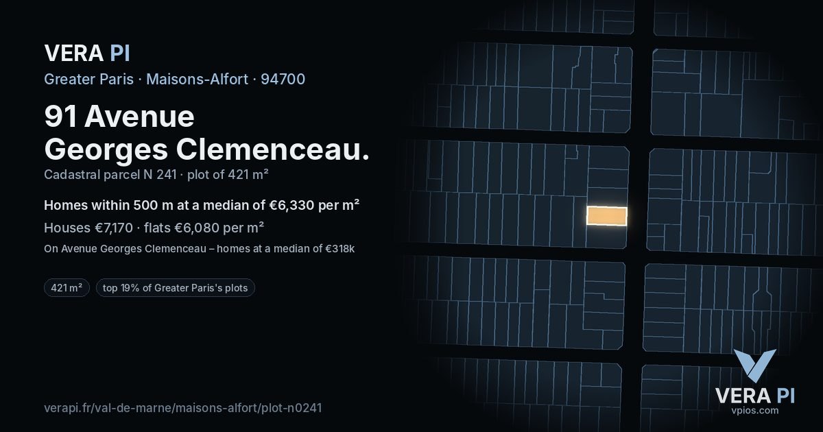 91 Avenue Georges Clemenceau, Maisons-Alfort at night – the plot lit, the parcels around coloured by the prices near them