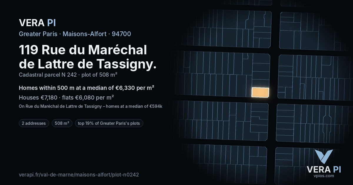 119 Rue du Maréchal de Lattre de Tassigny, Maisons-Alfort at night – the plot lit, the parcels around coloured by the prices near them