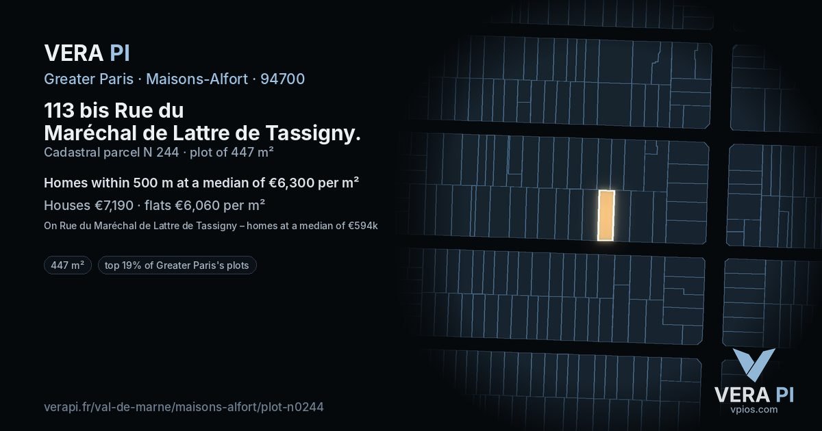 113 bis Rue du Maréchal de Lattre de Tassigny, Maisons-Alfort at night – the plot lit, the parcels around coloured by the prices near them