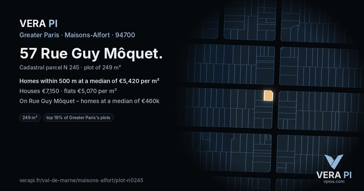 57 Rue Guy Môquet, Maisons-Alfort at night – the plot lit, the parcels around coloured by the prices near them