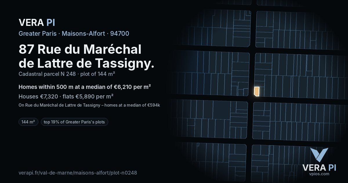 87 Rue du Maréchal de Lattre de Tassigny, Maisons-Alfort at night – the plot lit, the parcels around coloured by the prices near them