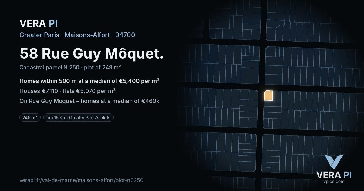 58 Rue Guy Môquet, Maisons-Alfort at night – the plot lit, the parcels around coloured by the prices near them