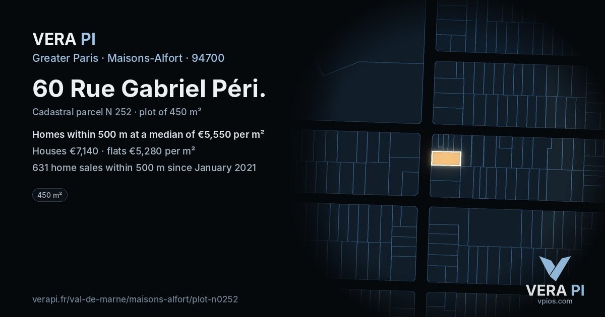 60 Rue Gabriel Péri, Maisons-Alfort at night – the plot lit, the parcels around coloured by the prices near them