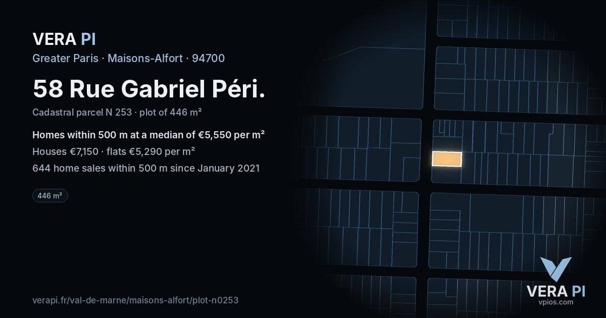 58 Rue Gabriel Péri, Maisons-Alfort at night – the plot lit, the parcels around coloured by the prices near them