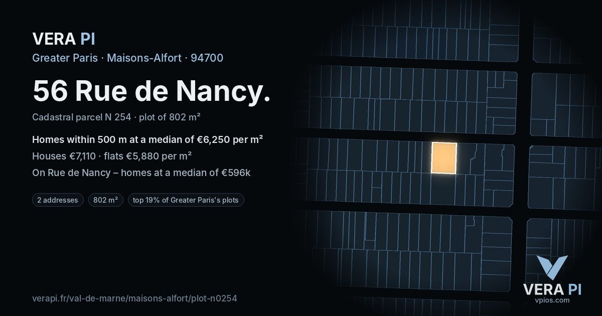 56 Rue de Nancy, Maisons-Alfort at night – the plot lit, the parcels around coloured by the prices near them